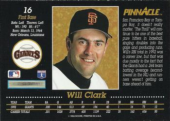 1993 Pinnacle #16 Will Clark Back