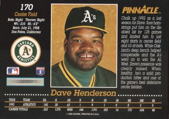 1993 Pinnacle #170 Dave Henderson Back