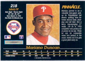 1993 Pinnacle #218 Mariano Duncan Back