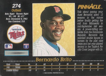1993 Pinnacle #274 Bernardo Brito Back