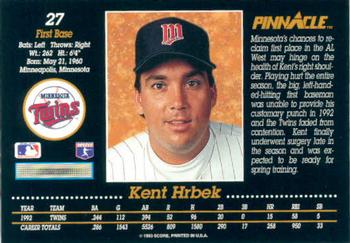 1993 Pinnacle #27 Kent Hrbek Back