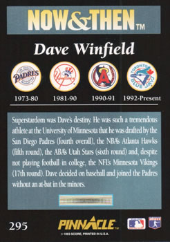 1993 Pinnacle #295 Dave Winfield Back