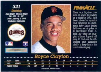1993 Pinnacle #321 Royce Clayton Back