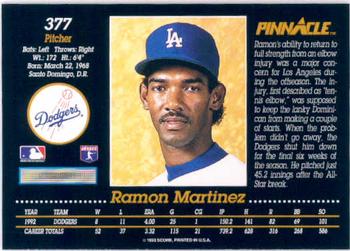 1993 Pinnacle #377 Ramon Martinez Back