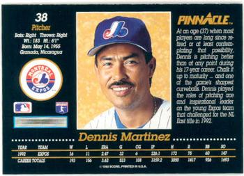 1993 Pinnacle #38 Dennis Martinez Back