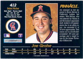1993 Pinnacle #412 Joe Grahe Back