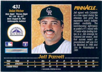 1993 Pinnacle #431 Jeff Parrett Back