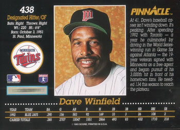 1993 Pinnacle #438 Dave Winfield Back