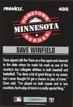 1993 Pinnacle #486 Dave Winfield Back