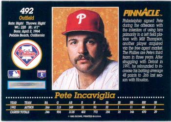 1993 Pinnacle #492 Pete Incaviglia Back