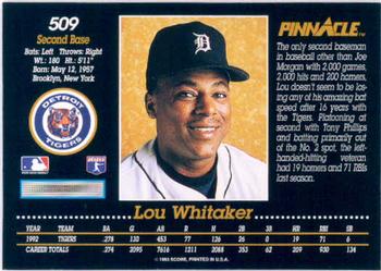 1993 Pinnacle #509 Lou Whitaker Back