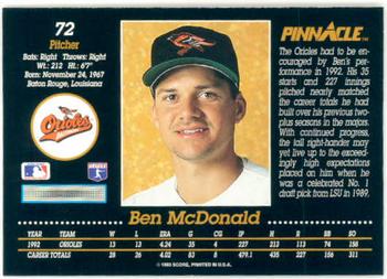 1993 Pinnacle #72 Ben McDonald Back