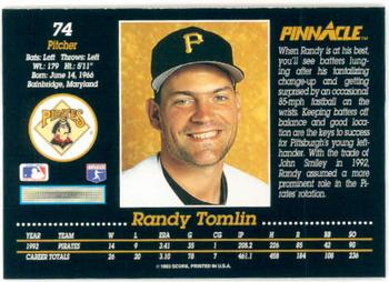1993 Pinnacle #74 Randy Tomlin Back
