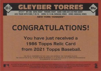 2021 Topps - 1986 Topps Baseball 35th Anniversary Relics Gold (Series One) #86R-GT Gleyber Torres Back