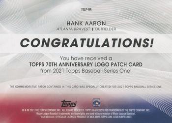 2021 Topps - 70th Anniversary Logo Patch (Series 1) #70LP-HA Hank Aaron Back