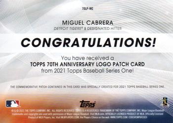 2021 Topps - 70th Anniversary Logo Patch (Series 1) #70LP-MC Miguel Cabrera Back