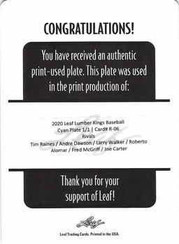 2020 Leaf Lumber Kings - Rivals Relics Printing Plates Cyan #R-06 Tim Raines / Andre Dawson / Larry Walker / Roberto Alomar / Fred McGriff / Joe Carter Back