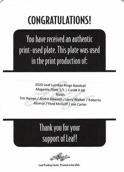 2020 Leaf Lumber Kings - Rivals Relics Printing Plates Magenta #R-06 Tim Raines / Andre Dawson / Larry Walker / Roberto Alomar / Fred McGriff / Joe Carter Back