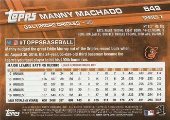 2017 Topps Update - 2017 Topps Base Set Variations Autographs #649 Manny Machado Back