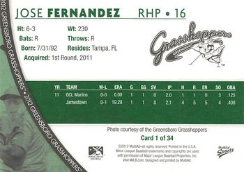 2012 MultiAd Greensboro Grasshoppers #1 Jose Fernandez Back