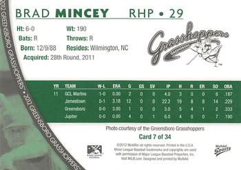 2012 MultiAd Greensboro Grasshoppers #7 Brad Mincey Back