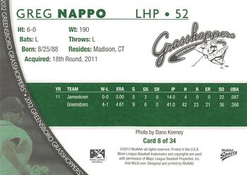 2012 MultiAd Greensboro Grasshoppers #8 Greg Nappo Back