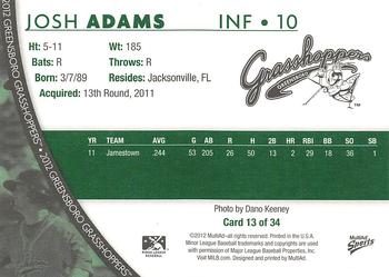 2012 MultiAd Greensboro Grasshoppers #13 Josh Adams Back