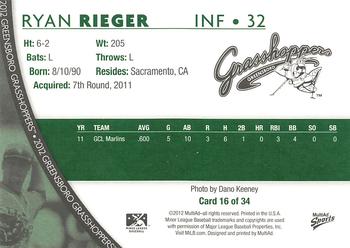 2012 MultiAd Greensboro Grasshoppers #16 Ryan Rieger Back
