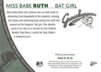 2012 MultiAd Greensboro Grasshoppers #31 Miss Babe Ruth Back