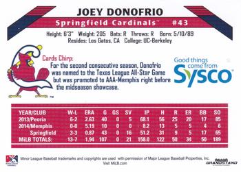 2015 Grandstand Springfield Cardinals SGA #NNO Joey Donofrio Back