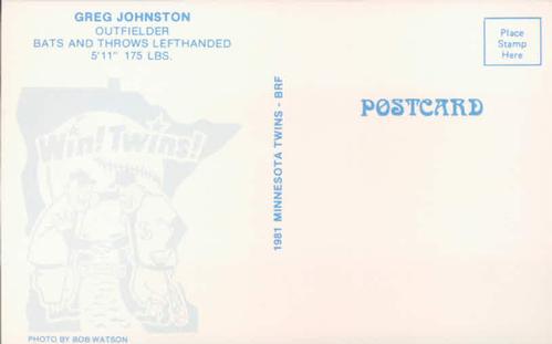 1981 Minnesota Twins Postcards - Facsimile Signatures #NNO Greg Johnston Back