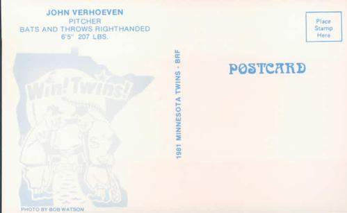 1981 Minnesota Twins Postcards - Facsimile Signatures #NNO John Verhoeven Back
