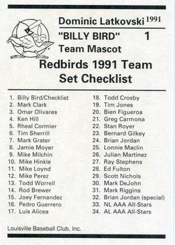 1991 Louisville Redbirds #1 Billy Bird/Checklist Back