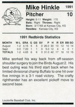 1991 Louisville Redbirds #10 Mike Hinkle Back