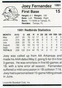 1991 Louisville Redbirds #15 Joey Fernandez Back