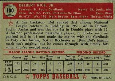 1952 Topps #100 Del Rice Back