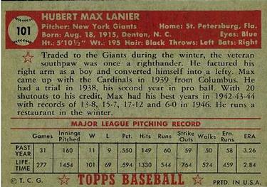 1952 Topps #101 Max Lanier Back