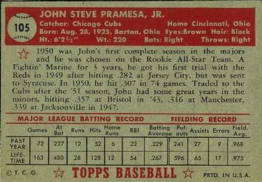 1952 Topps #105 John Pramesa Back