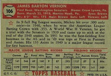 1952 Topps #106 Mickey Vernon Back