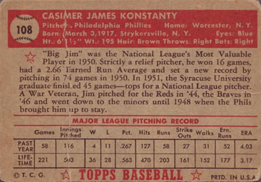 1952 Topps #108 Jim Konstanty Back