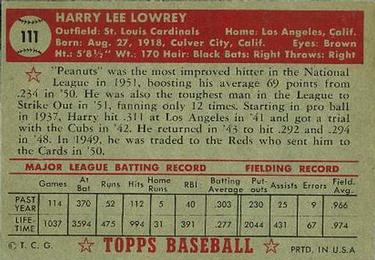 1952 Topps #111 Peanuts Lowrey Back