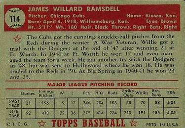 1952 Topps #114 Willard Ramsdell Back