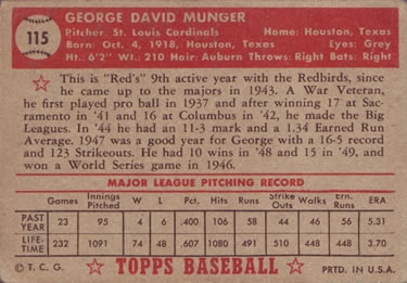 1952 Topps #115 George Munger Back