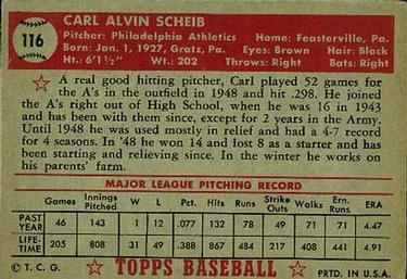 1952 Topps #116 Carl Scheib Back