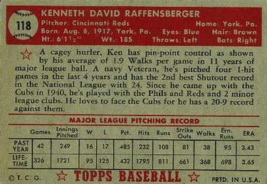 1952 Topps #118 Ken Raffensberger Back