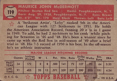 1952 Topps #119 Maurice McDermott Back