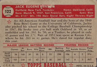 1952 Topps #122 Jackie Jensen Back