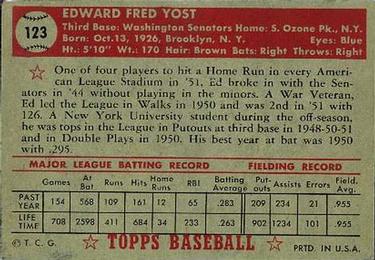 1952 Topps #123 Eddie Yost Back