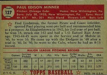 1952 Topps #127 Paul Minner Back
