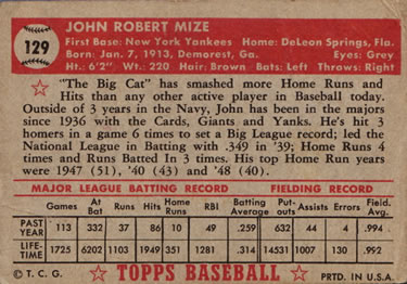 1952 Topps #129 Johnny Mize Back